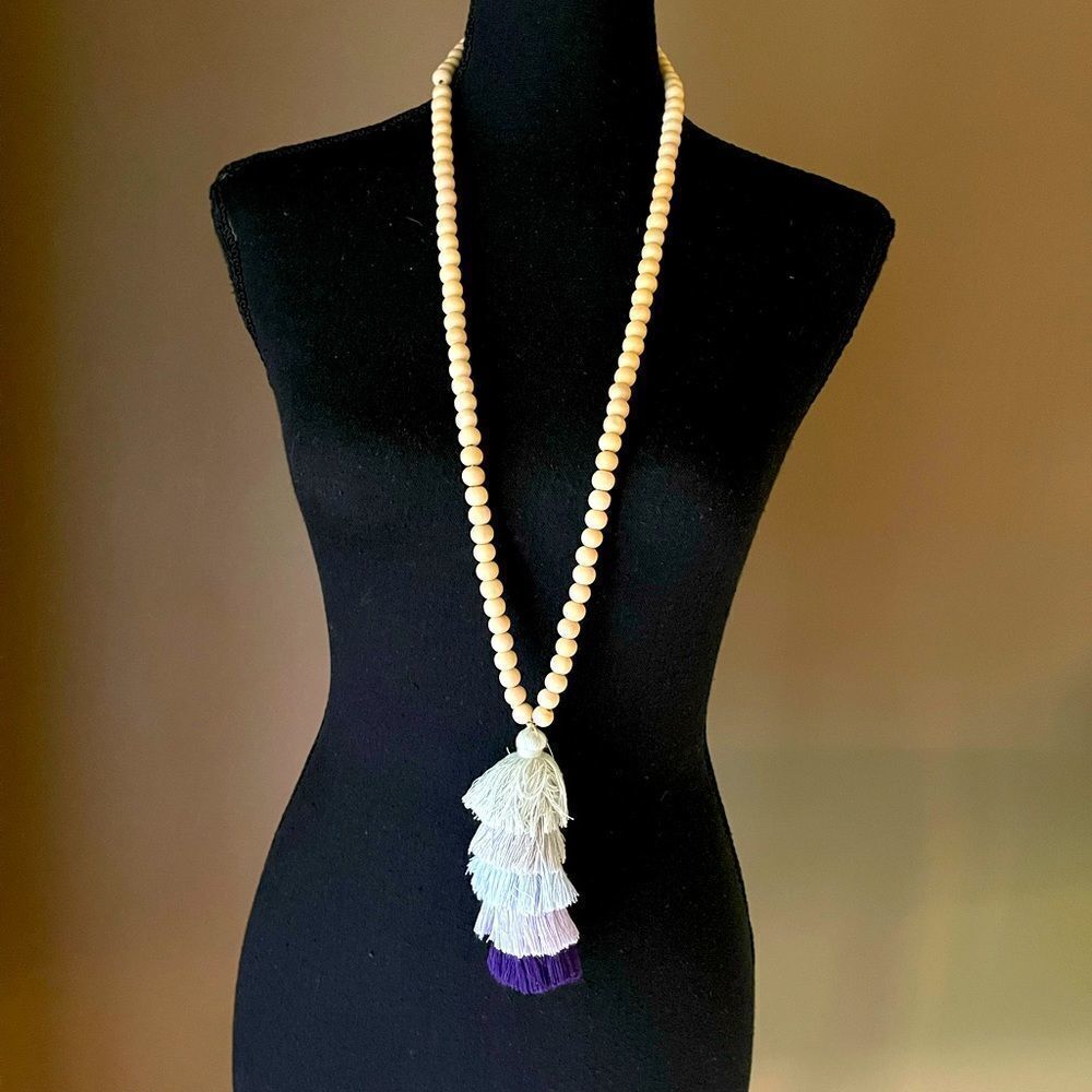 Pastel Tassel With Wooden Beads Long Necklace